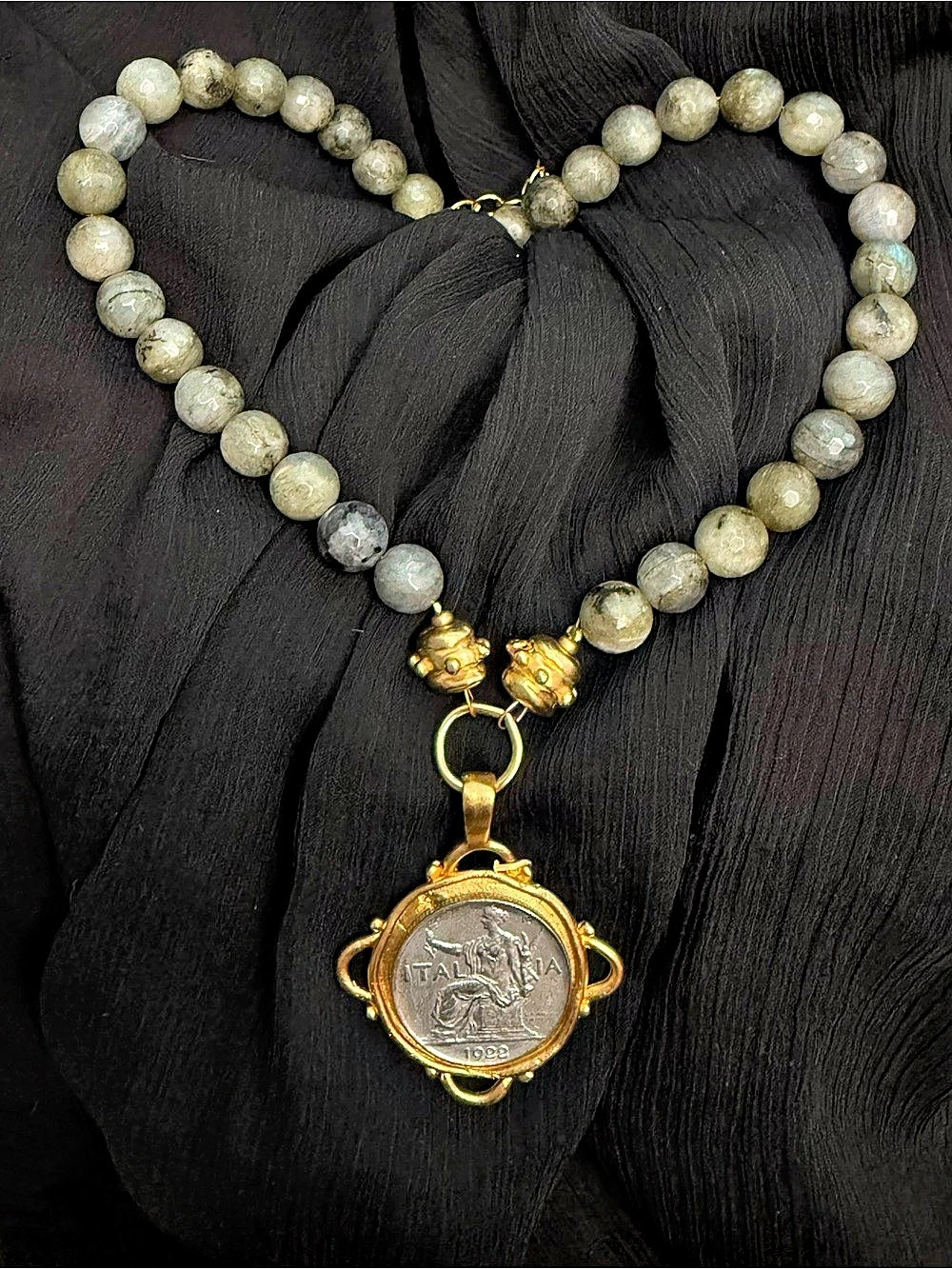 Susan Shaw Florence 1922 Italia Coin Necklace w/faceted grey labradorite gems!
